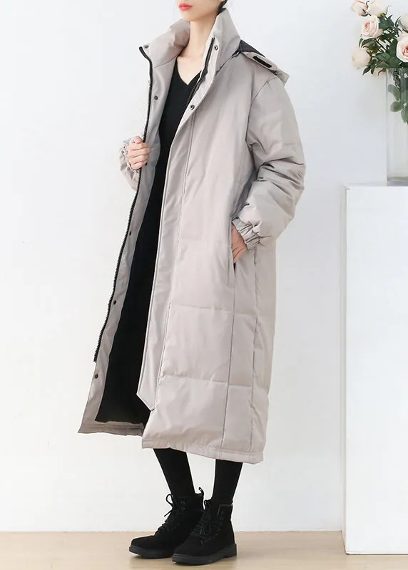 Light Grey Stand Collar Button Pockets Zippered Duck Down Coat Long Sleeve