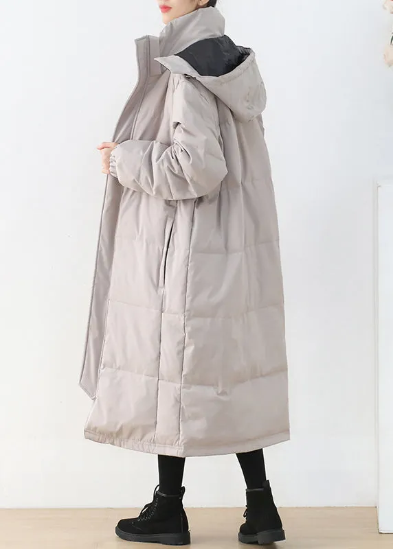 Light Grey Stand Collar Button Pockets Zippered Duck Down Coat Long Sleeve