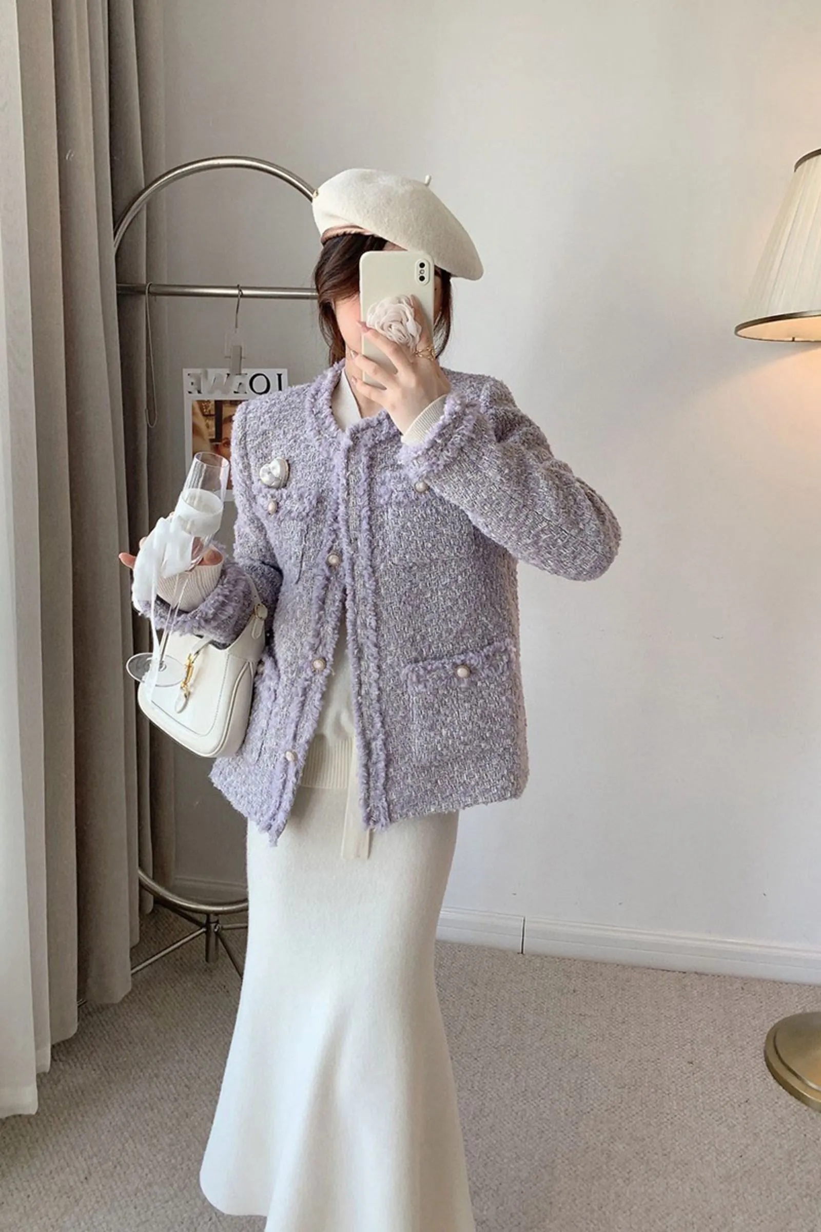 Light Purple Wool Blend Tweed Short Pocket Jacket