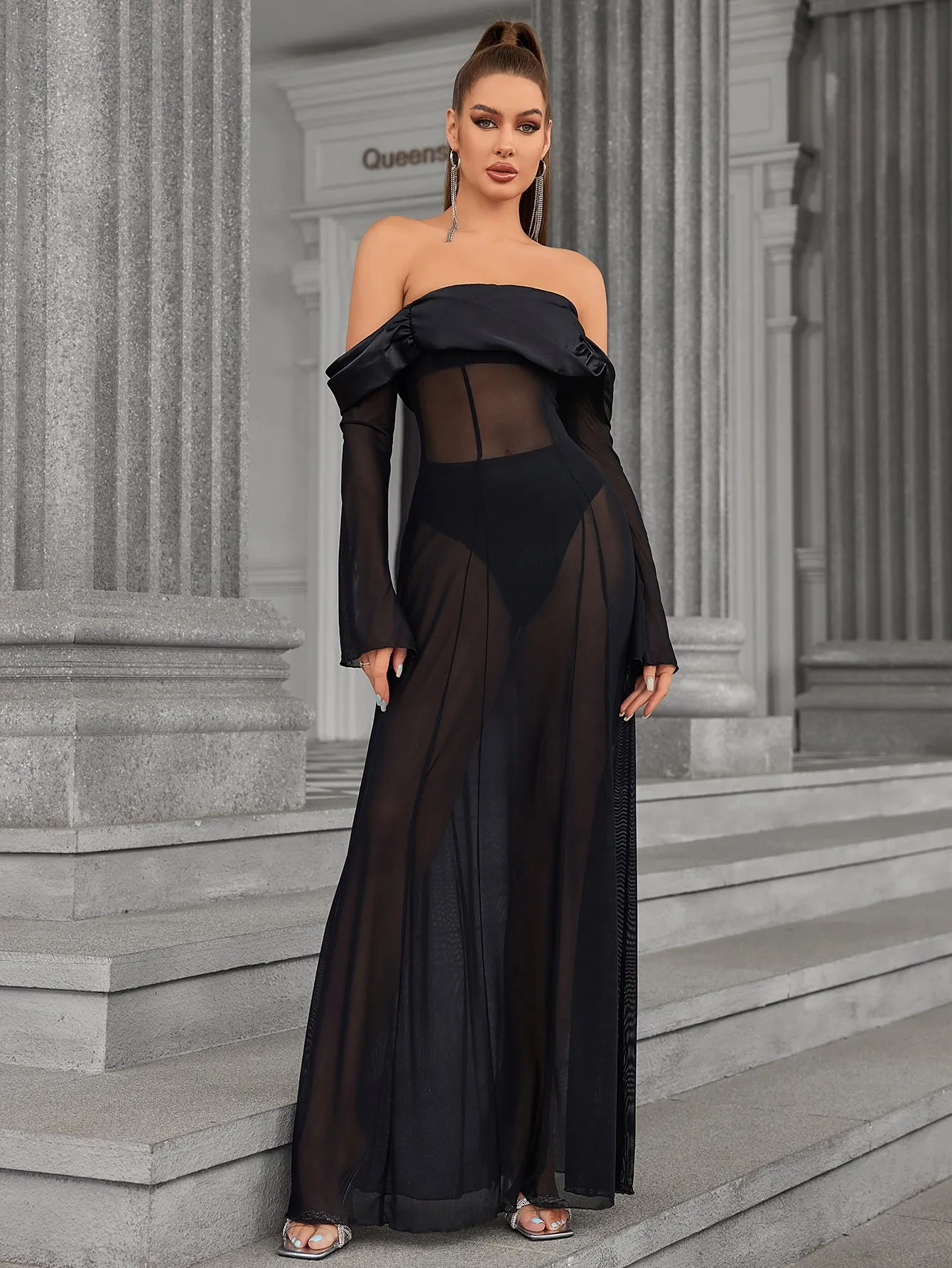 Long Sleeve Off Shoulder Satin Patchwork Mesh Dress