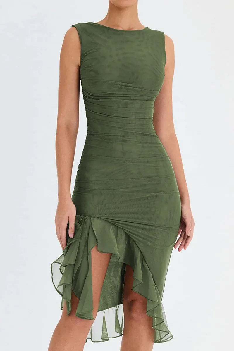 Lucy Ruffle Ruched Midi Dress