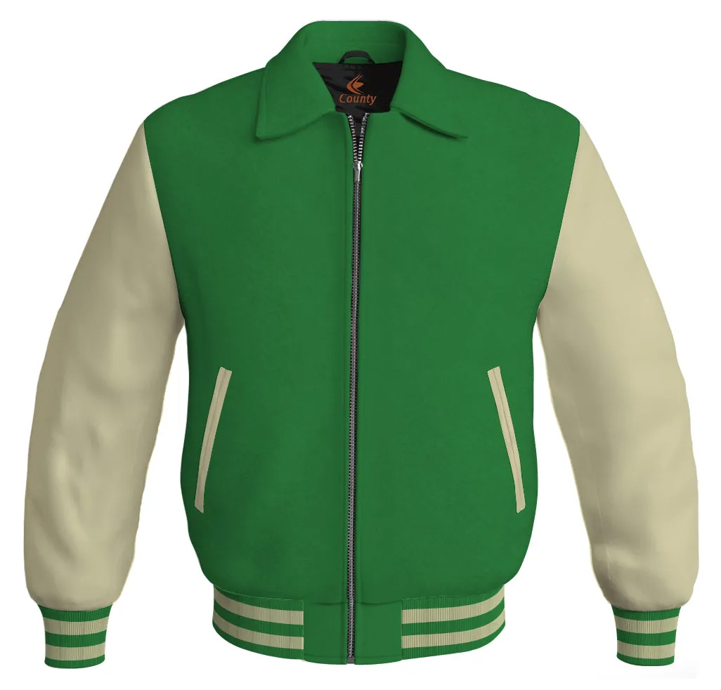 Luxury Bomber Classic Jacket Green Body and Cream Leather Sleeves