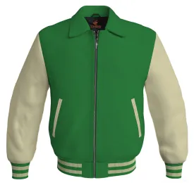 Luxury Bomber Classic Jacket Green Body and Cream Leather Sleeves