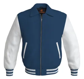 Luxury Bomber Classic Jacket Navy Blue Body and White Leather Sleeves