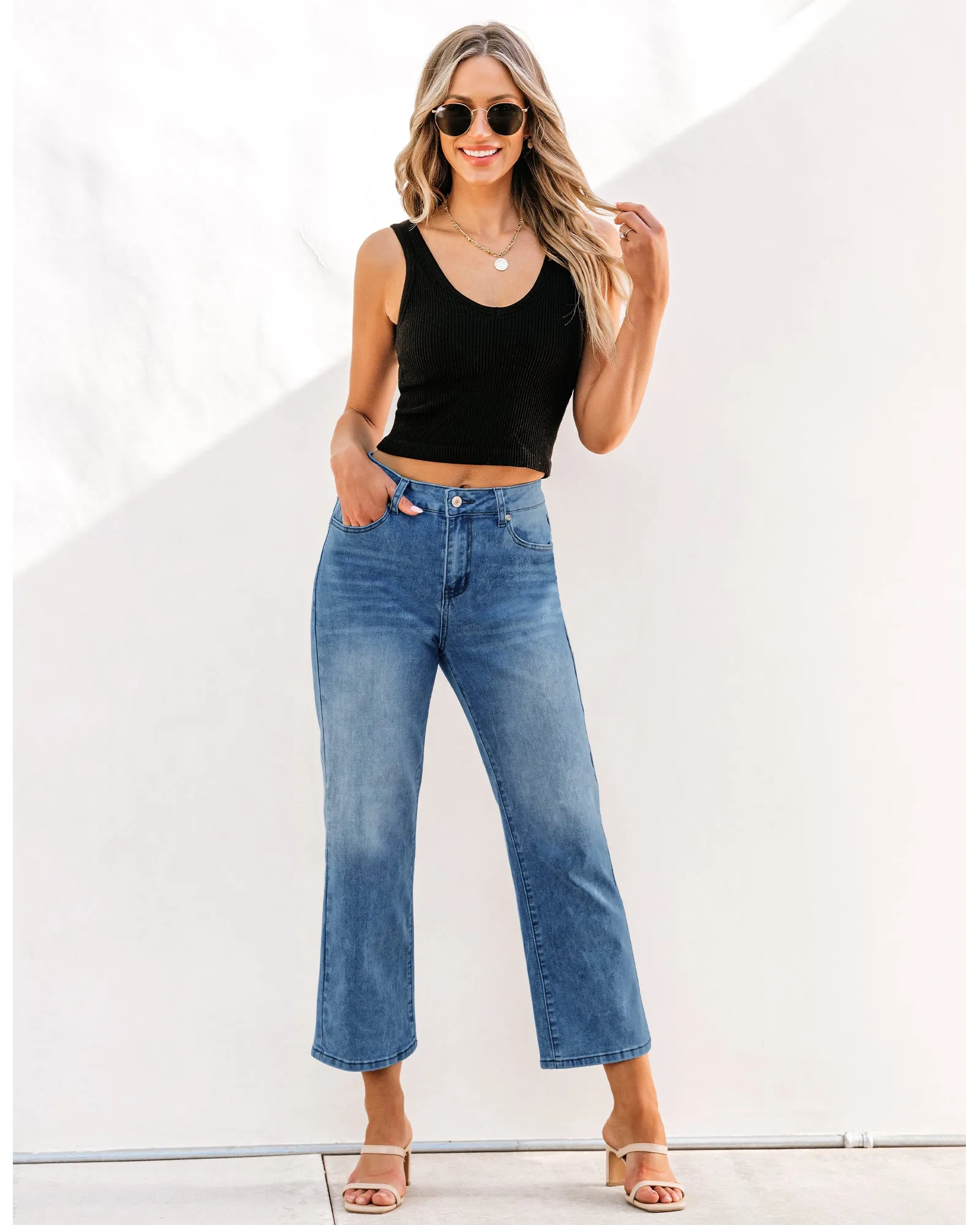 Medium Blue Women's High Waisted Straight Leg Jeans Kick Flare Denim Long Pants