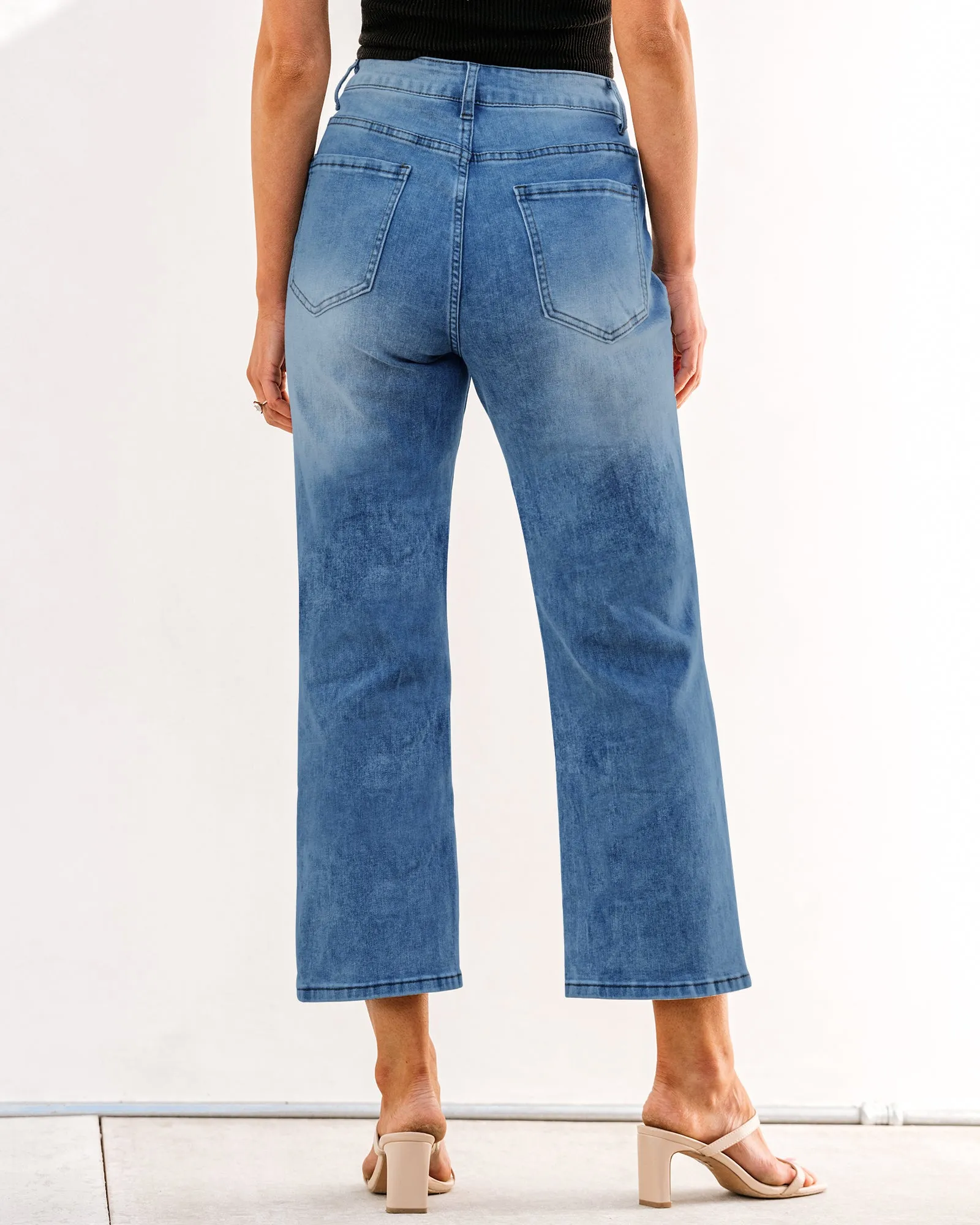 Medium Blue Women's High Waisted Straight Leg Jeans Kick Flare Denim Long Pants