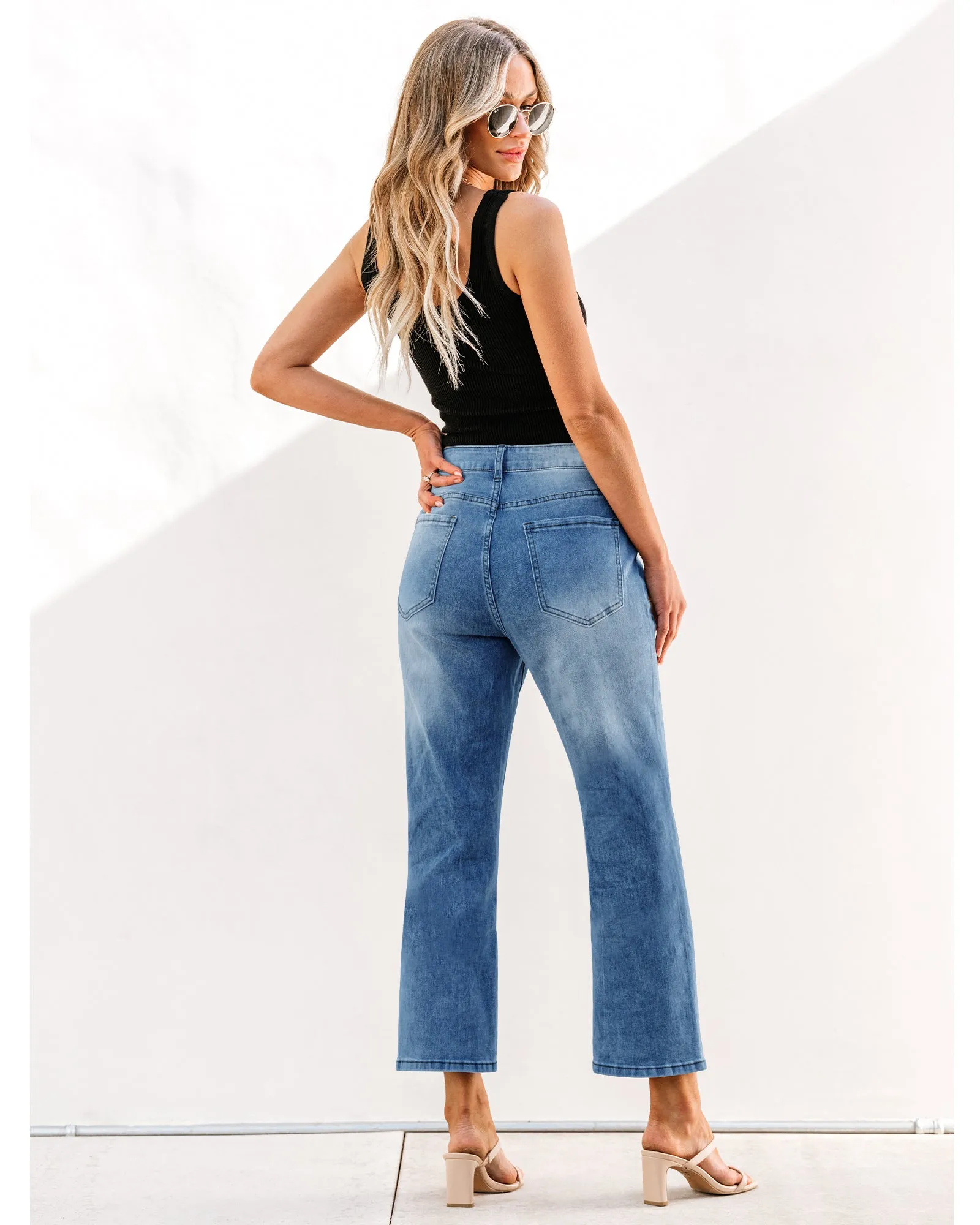 Medium Blue Women's High Waisted Straight Leg Jeans Kick Flare Denim Long Pants