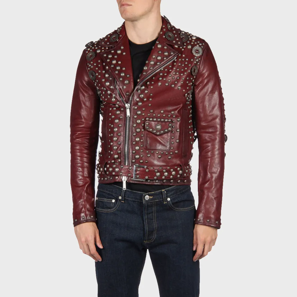 Men's Designer Studded Red Leather Motorcycle Jacket