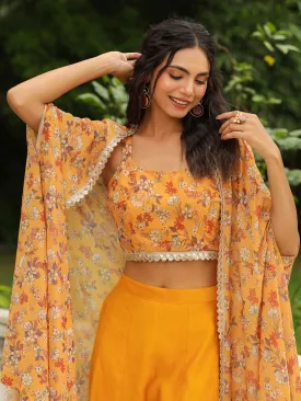 Mustard Georgette Floral Printed Top With Palazzo & Cape Set