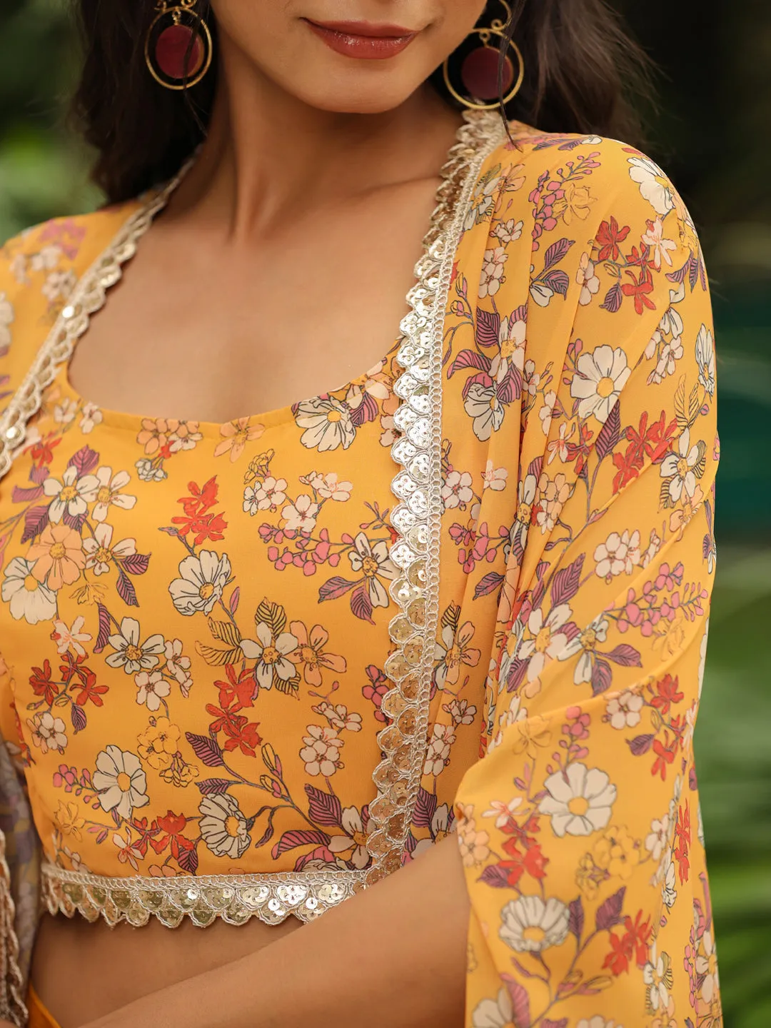 Mustard Georgette Floral Printed Top With Palazzo & Cape Set