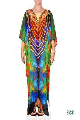 NATURE MORTE Colorful Feathers Devarshy Long Georgette Kimono Jacket - 002