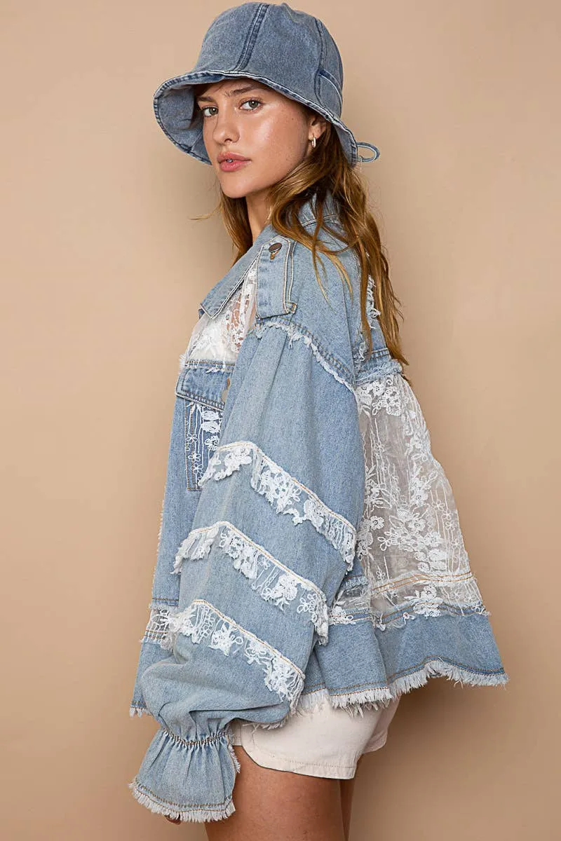 POL Clothing Lace Trim and Panel Collared Button Down Denim Jacket