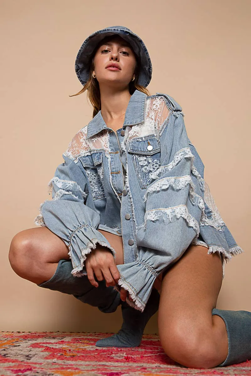 POL Clothing Lace Trim and Panel Collared Button Down Denim Jacket