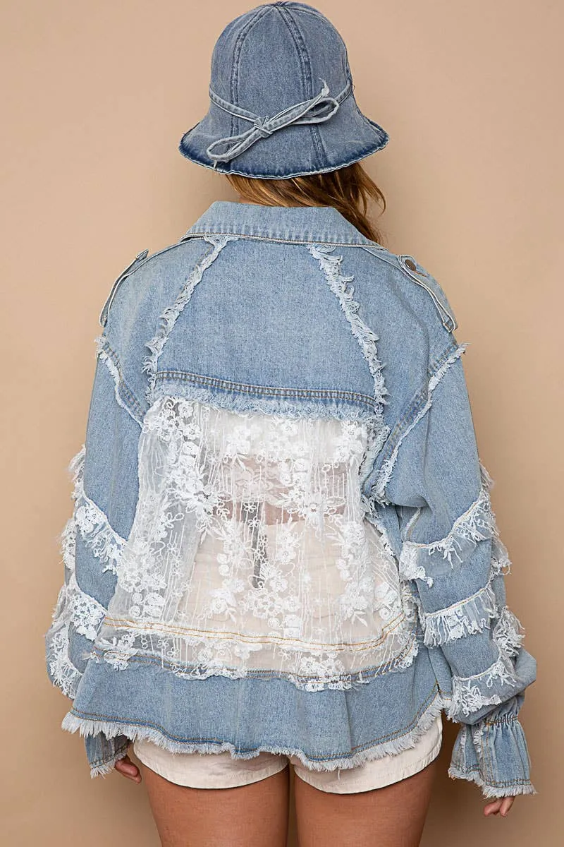 POL Clothing Lace Trim and Panel Collared Button Down Denim Jacket