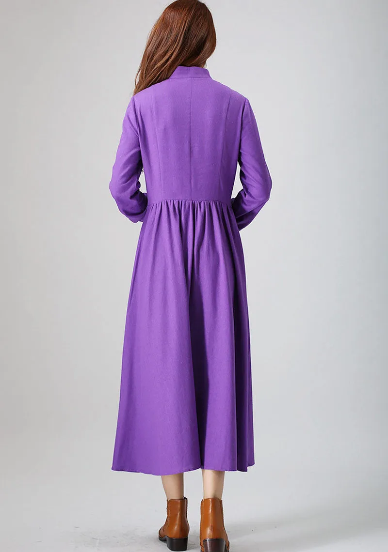 purple dress woman maxi dress long linen dress custom made long sleeve dress (799)