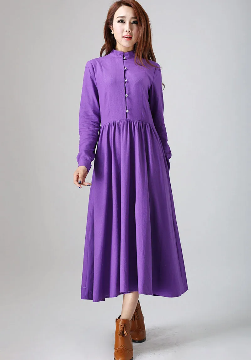 purple dress woman maxi dress long linen dress custom made long sleeve dress (799)