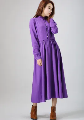 purple dress woman maxi dress long linen dress custom made long sleeve dress (799)