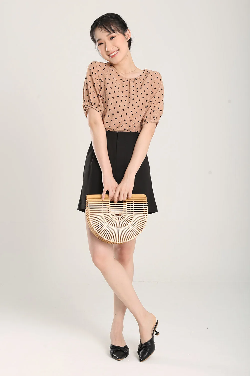 Rania Top in Tan Polka Dots