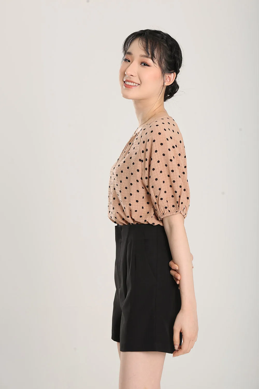 Rania Top in Tan Polka Dots