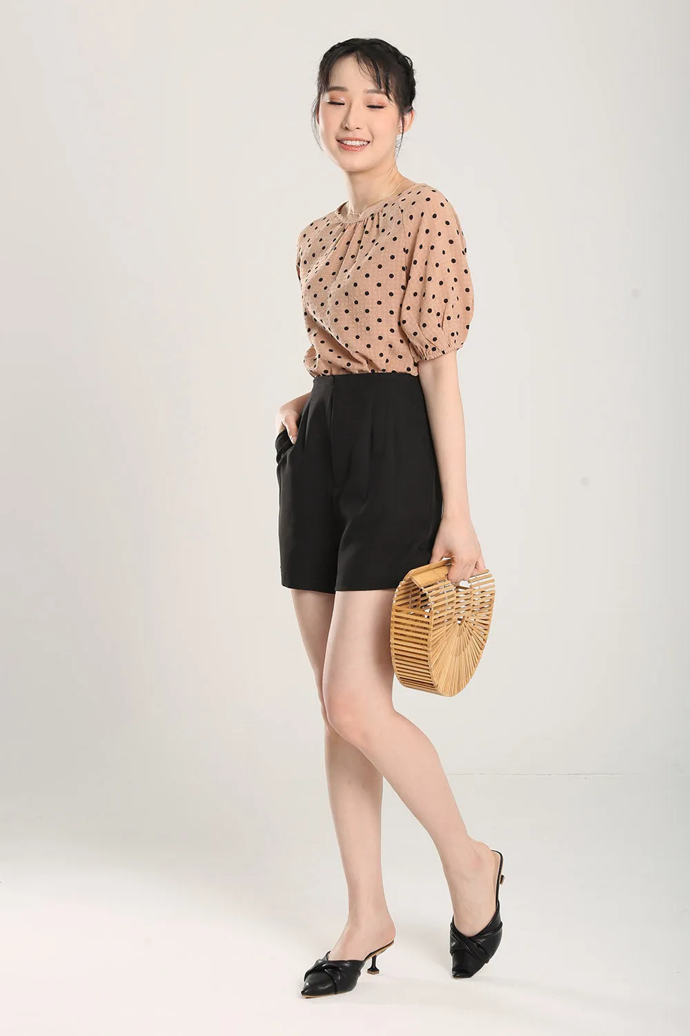 Rania Top in Tan Polka Dots