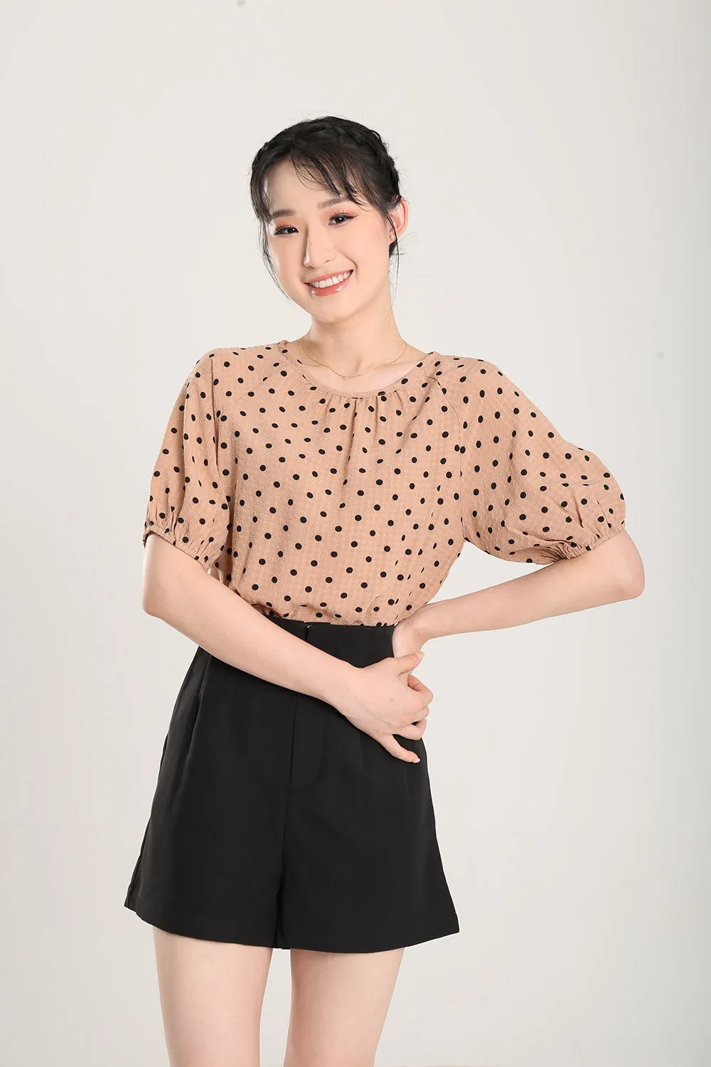 Rania Top in Tan Polka Dots