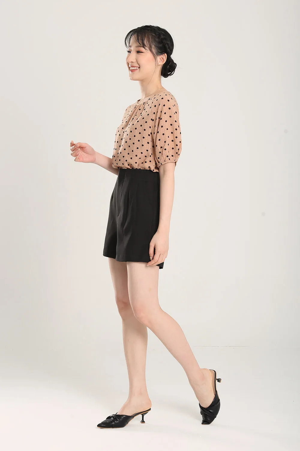 Rania Top in Tan Polka Dots