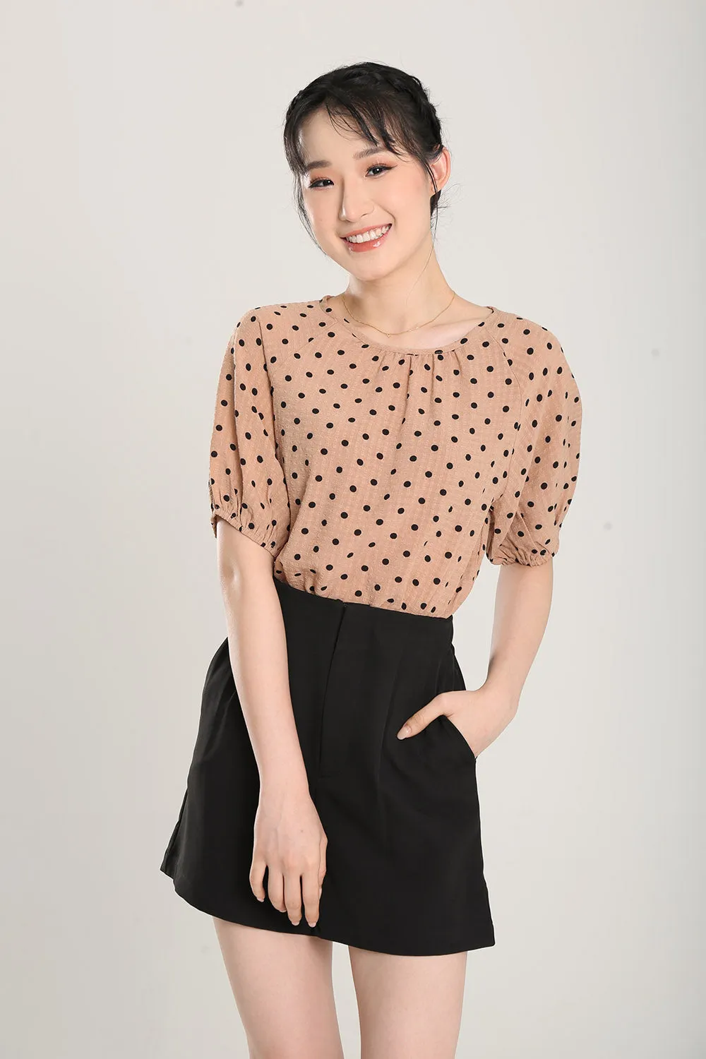 Rania Top in Tan Polka Dots