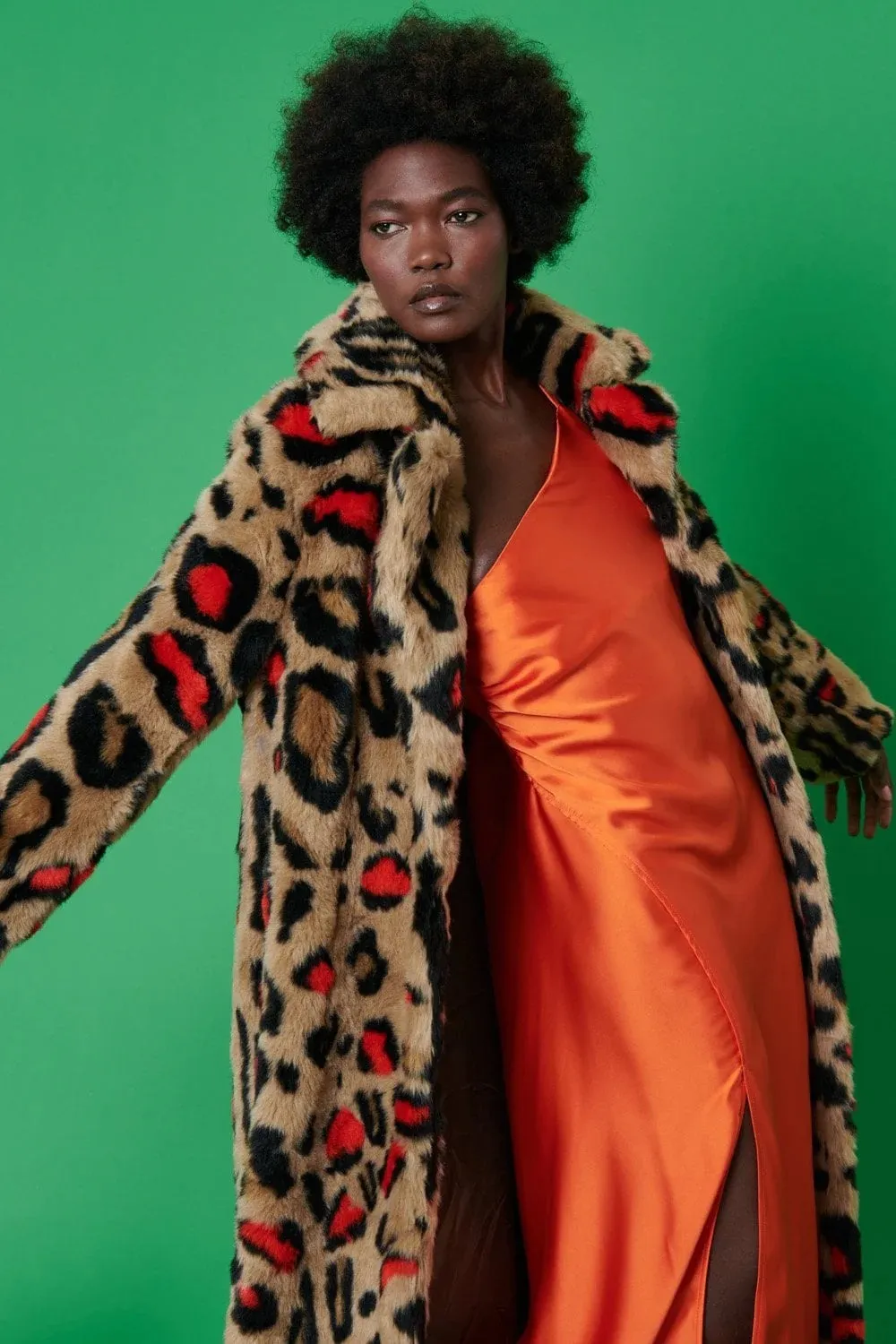 Red Faux Fur Leopard Print Maxi Coat