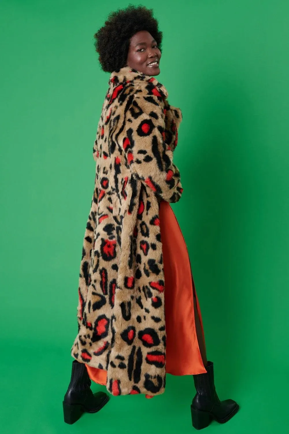 Red Faux Fur Leopard Print Maxi Coat