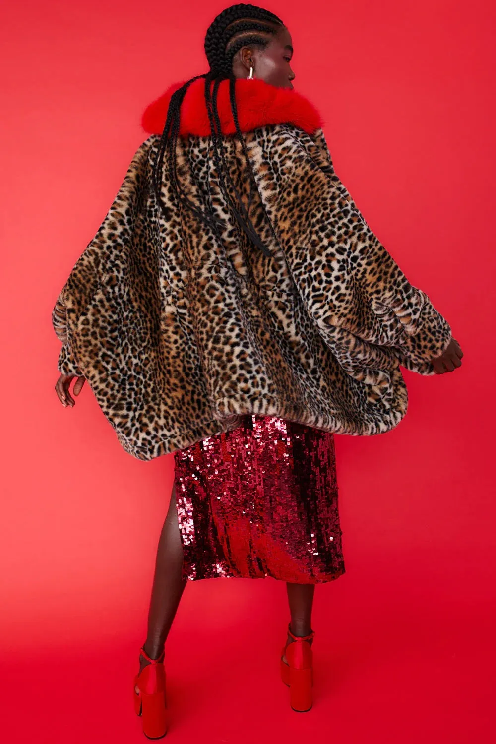 Red Faux Fur Leopard Print Swing Coat