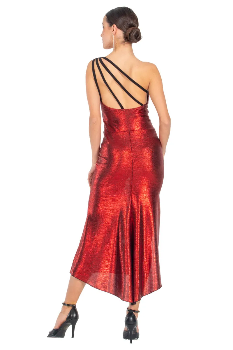 Red Metallic One-Shoulder Tango Dress With Side Slit