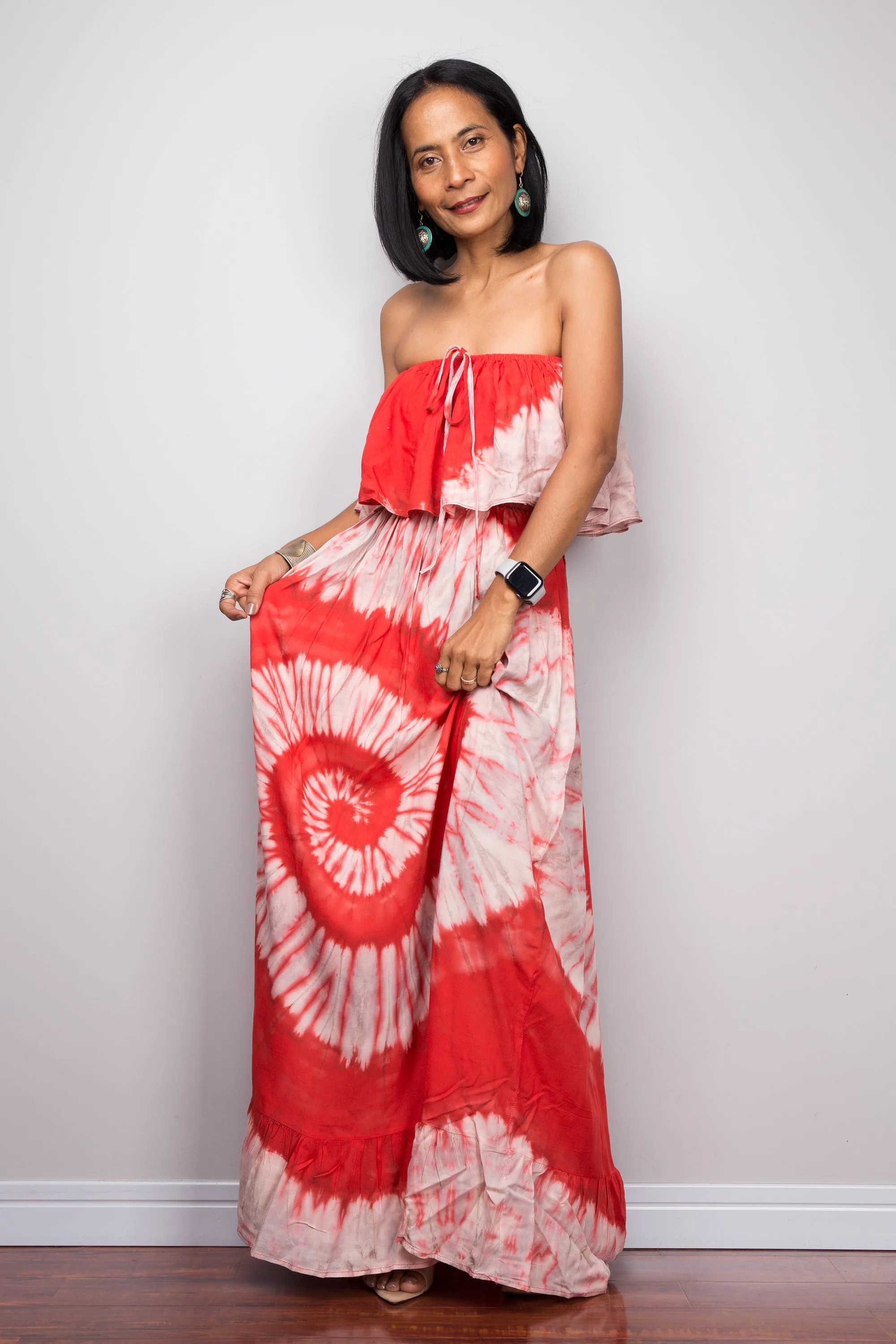 Red Tie Dye Drop Waist Dress