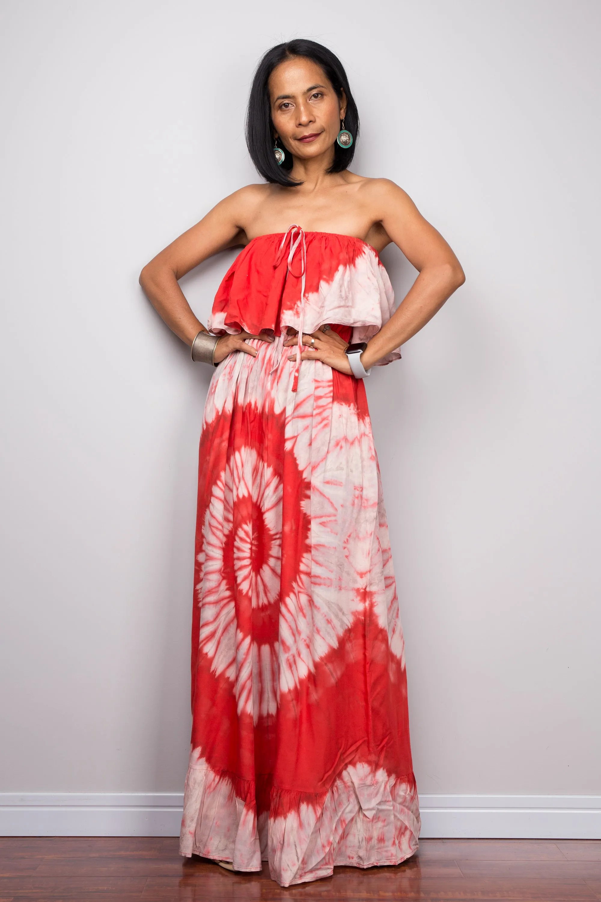 Red Tie Dye Drop Waist Dress