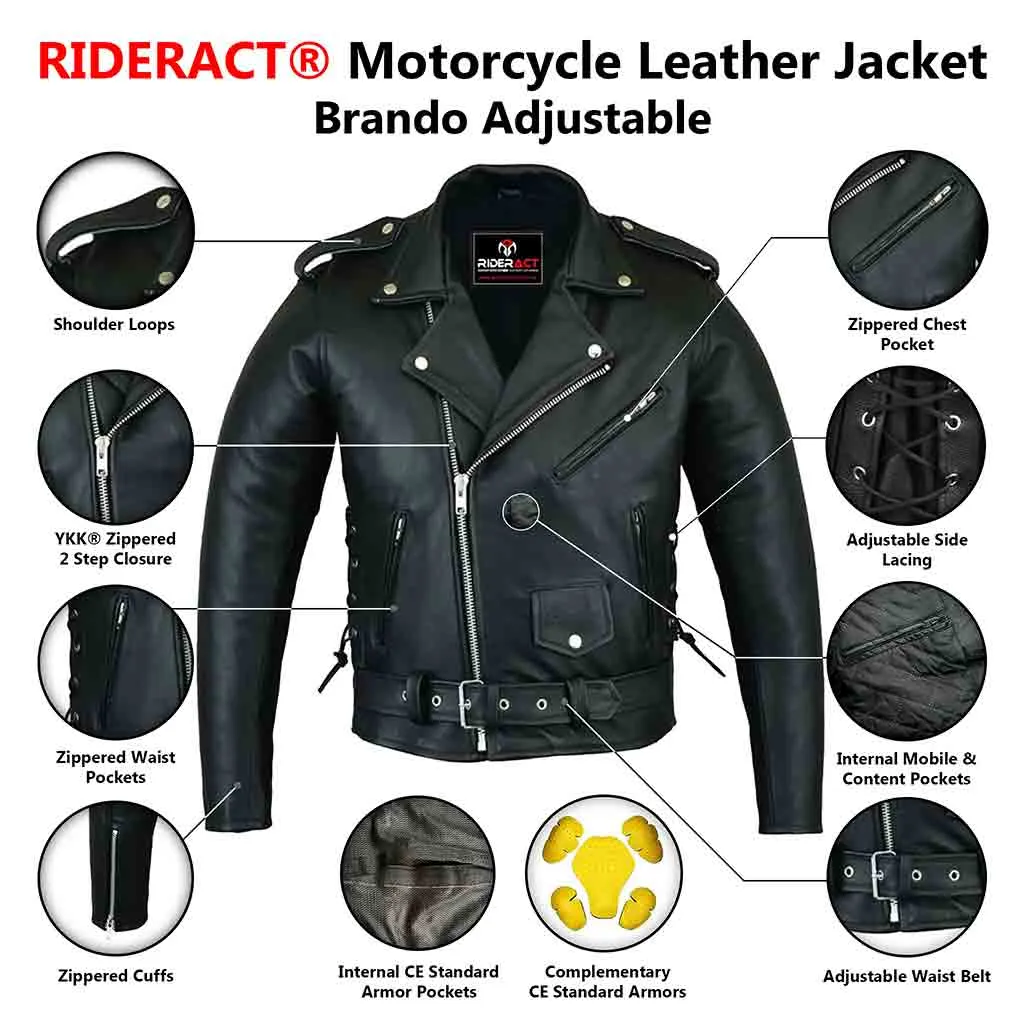 RIDERACT® Men Leather Motorcycle Jacket Brando Adjustable Moto Leather Jacket