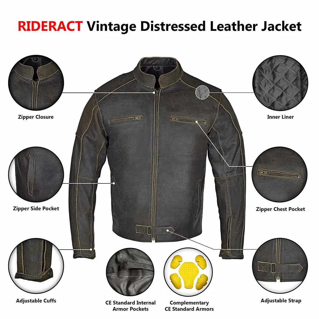 RIDERACT® Vintage Men Leather Motorcycle Jacket Distress