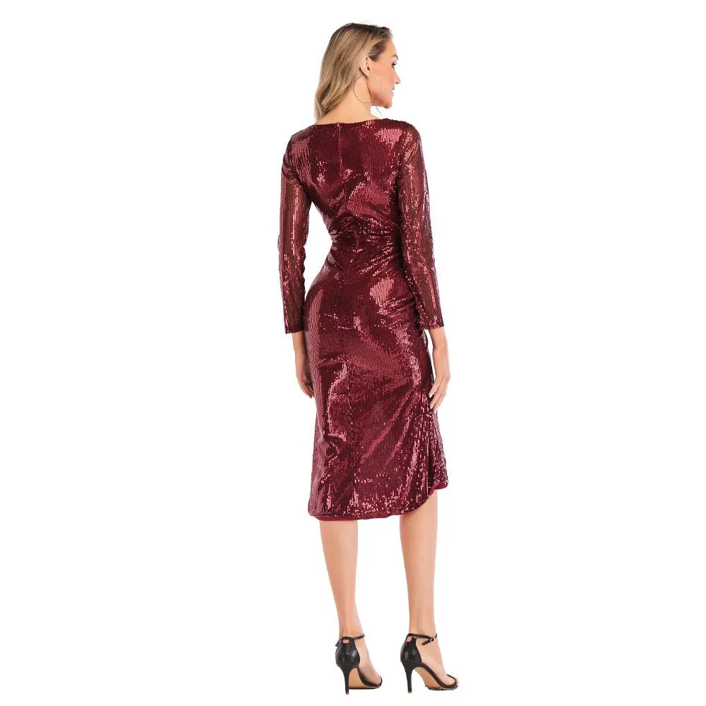 Sequin Long Sleeve High Slit Fashion Dress