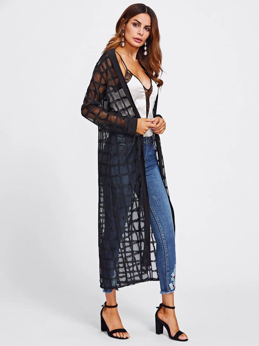 Sheer plaid long cover up kimono jacket