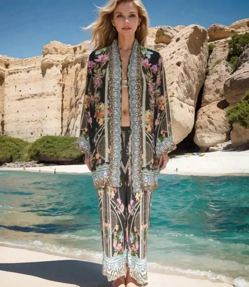 Silk Embellished Kimono Jacket- Capri