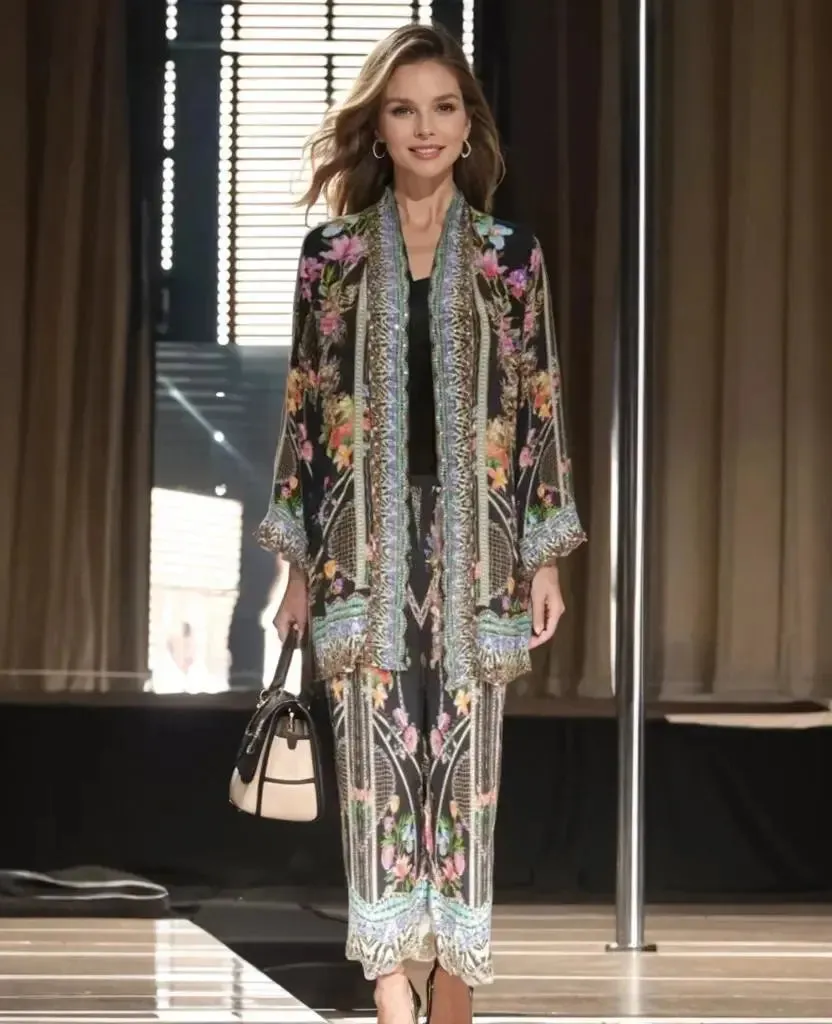 Silk Embellished Kimono Jacket- Capri