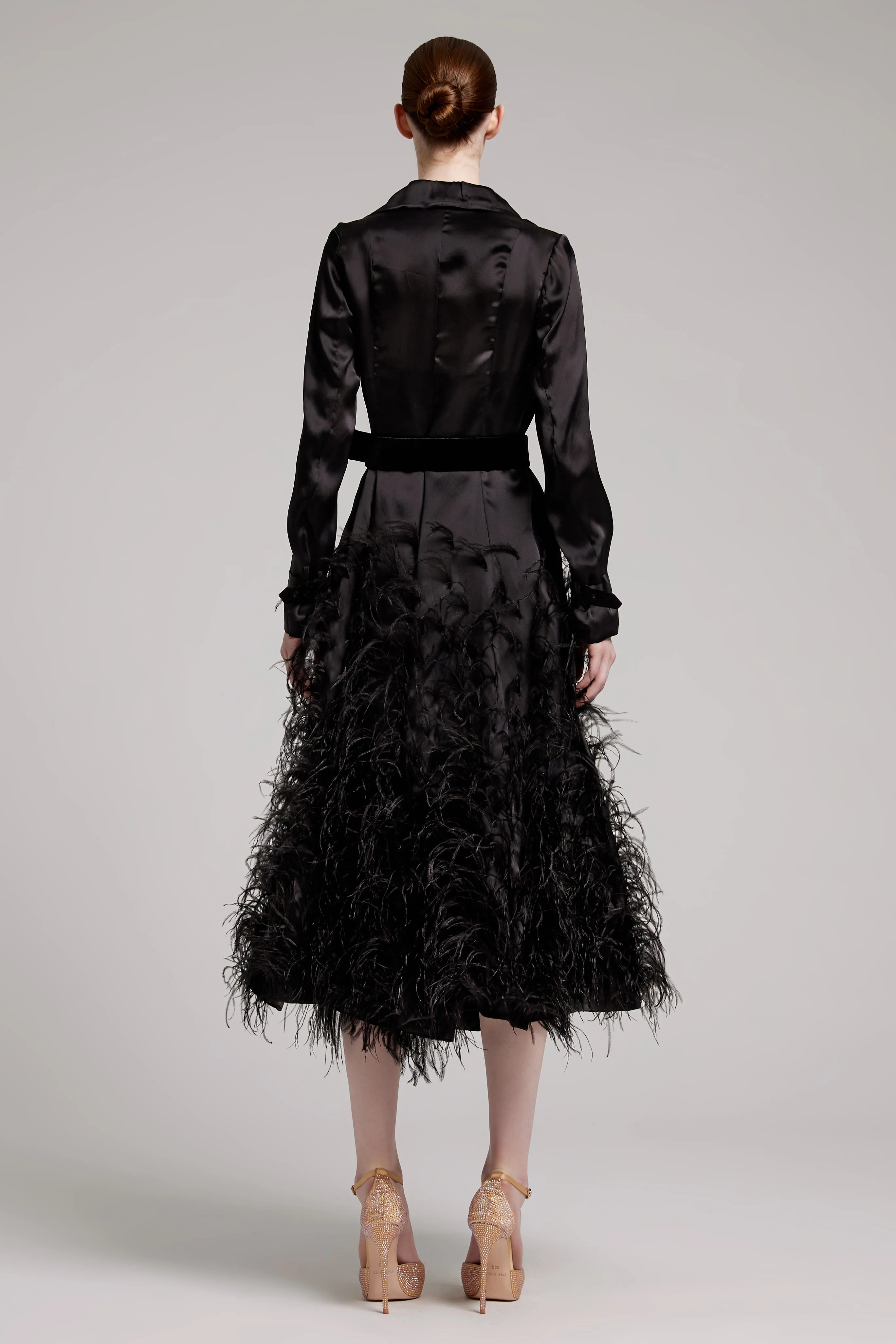 Silk Gazar Ostrich Feathers Embellished Trench Coat in Black