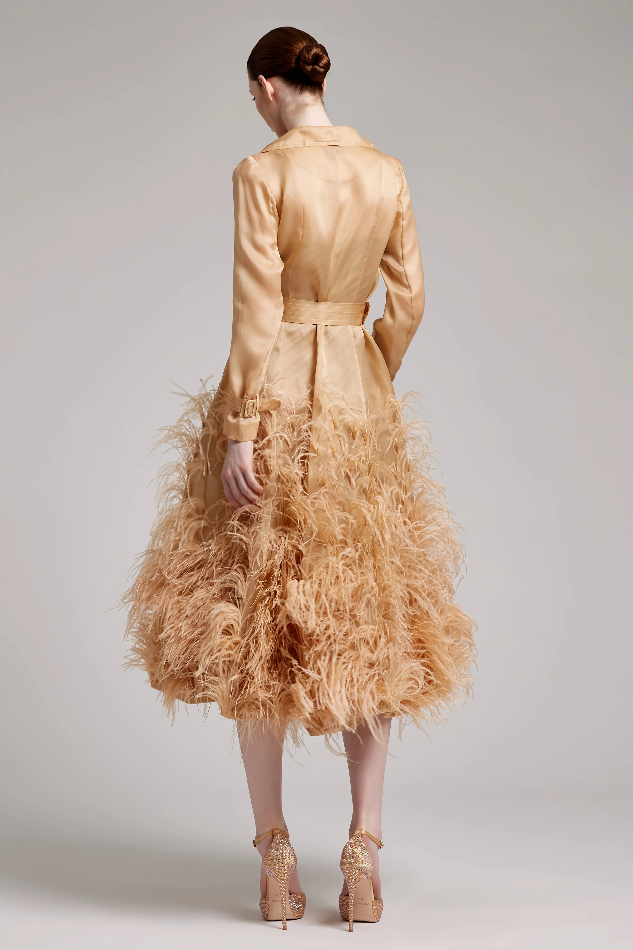 Silk Gazar Ostrich Feathers Embellished Trench Coat in Champagne