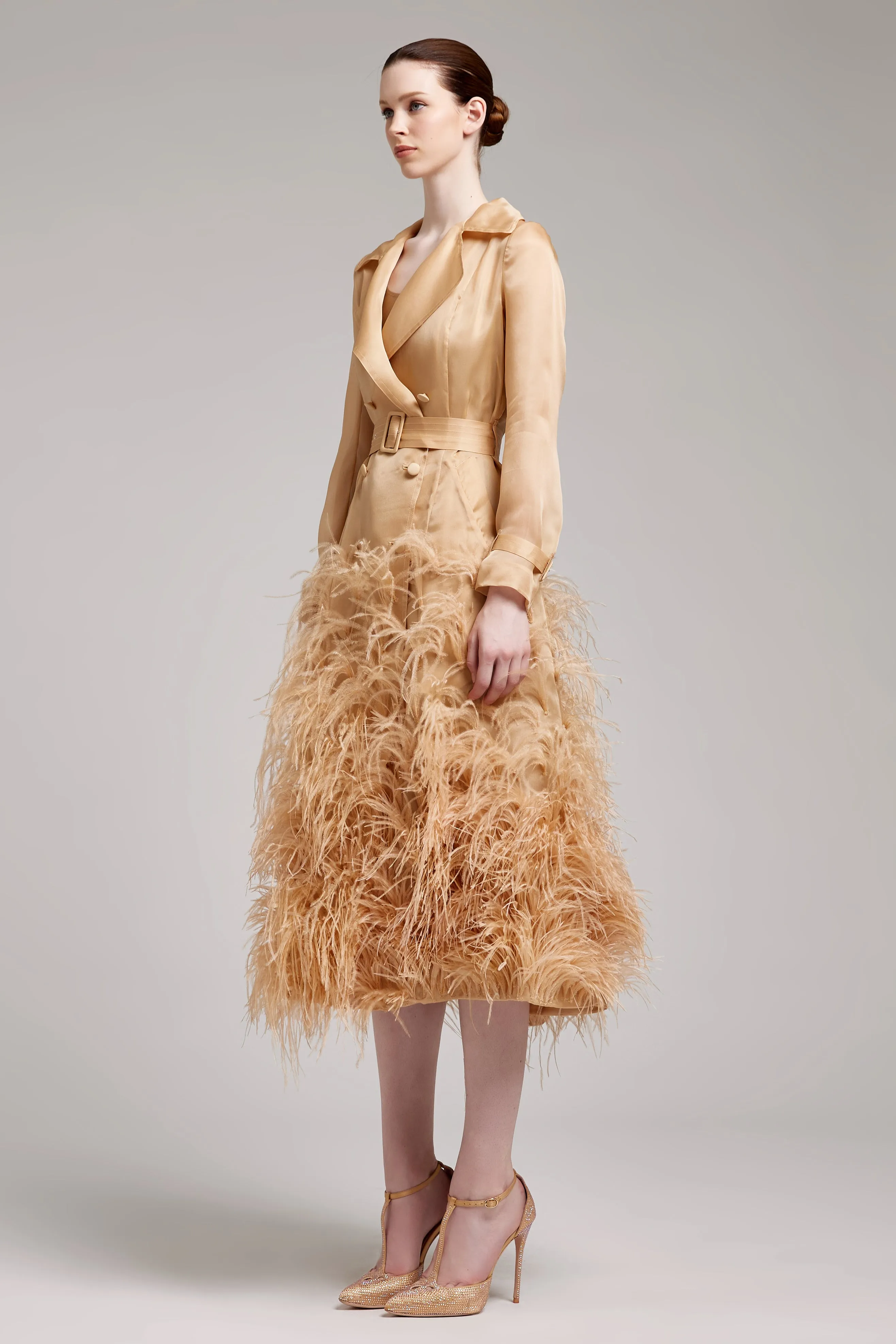 Silk Gazar Ostrich Feathers Embellished Trench Coat in Champagne