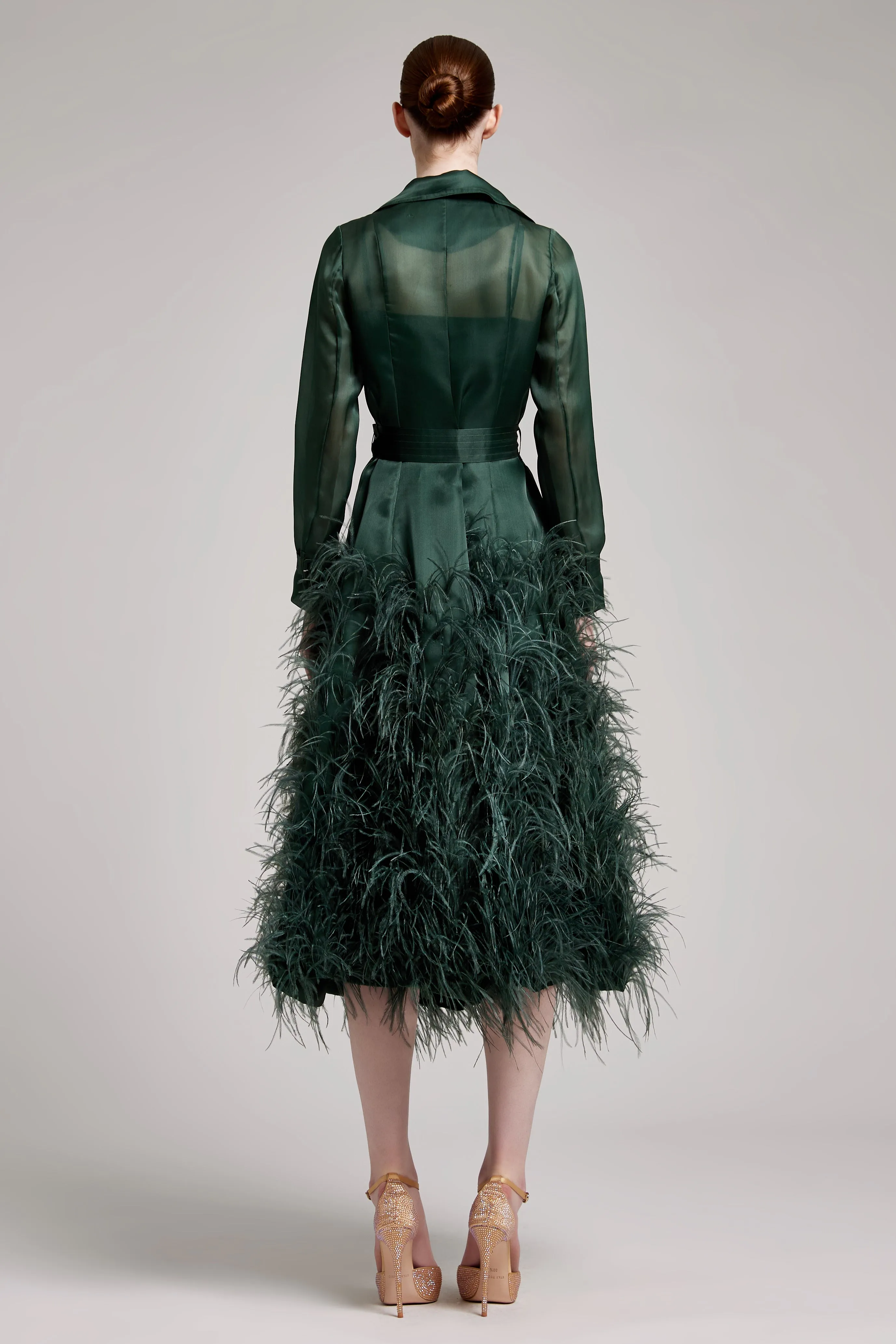 Silk Gazar Ostrich Feathers Embellished Trench Coat in Emerald Green