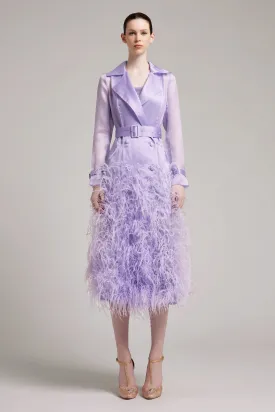 Silk Gazar Ostrich Feathers Embellished Trench Coat in Lilac