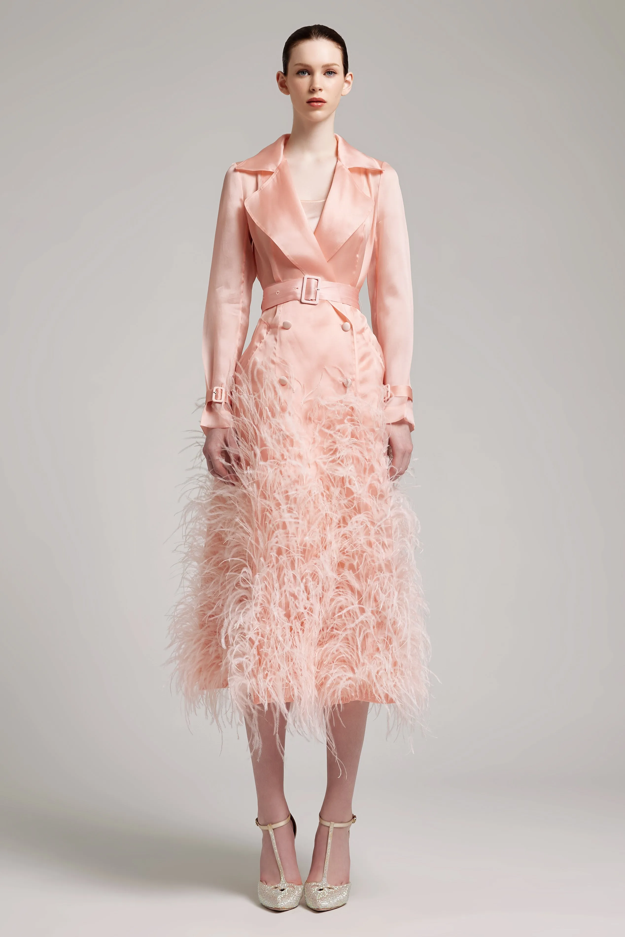 Silk Gazar Ostrich Feathers Embellished Trench Coat in Pink