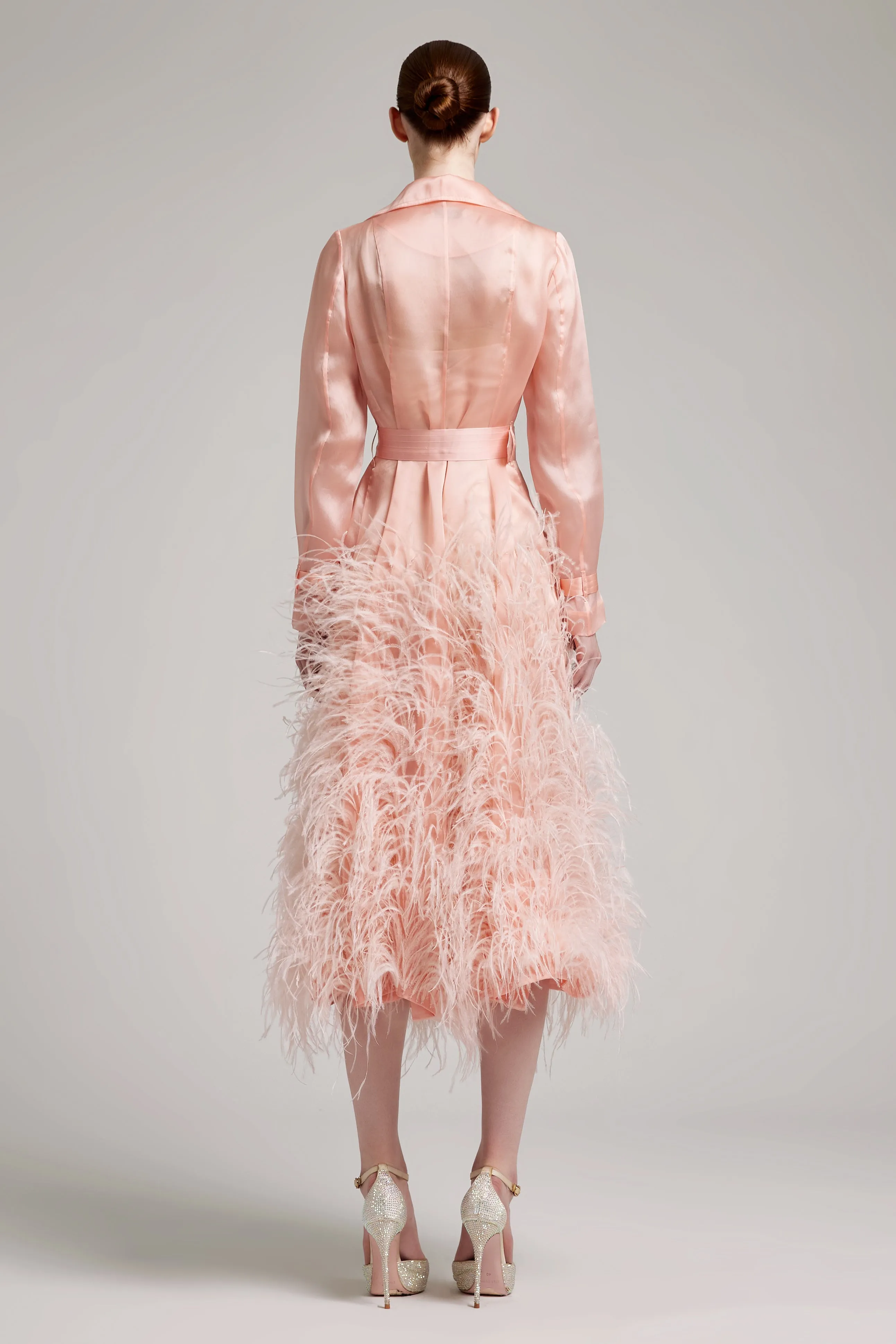 Silk Gazar Ostrich Feathers Embellished Trench Coat in Pink