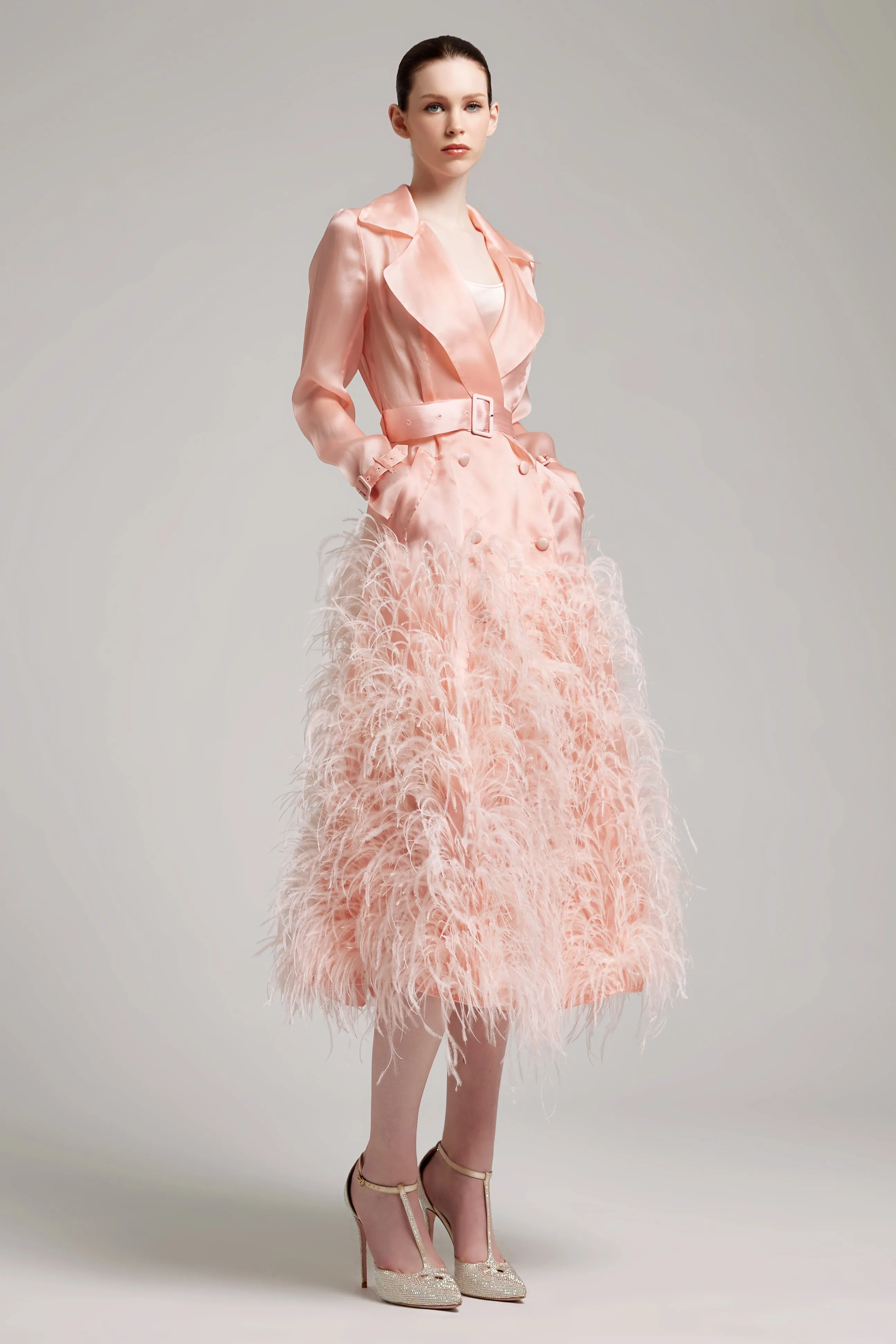 Silk Gazar Ostrich Feathers Embellished Trench Coat in Pink