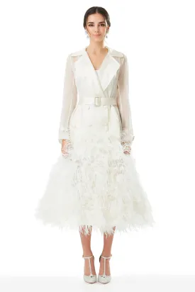 Silk Gazar Ostrich Feathers Embellished Trench Coat in White