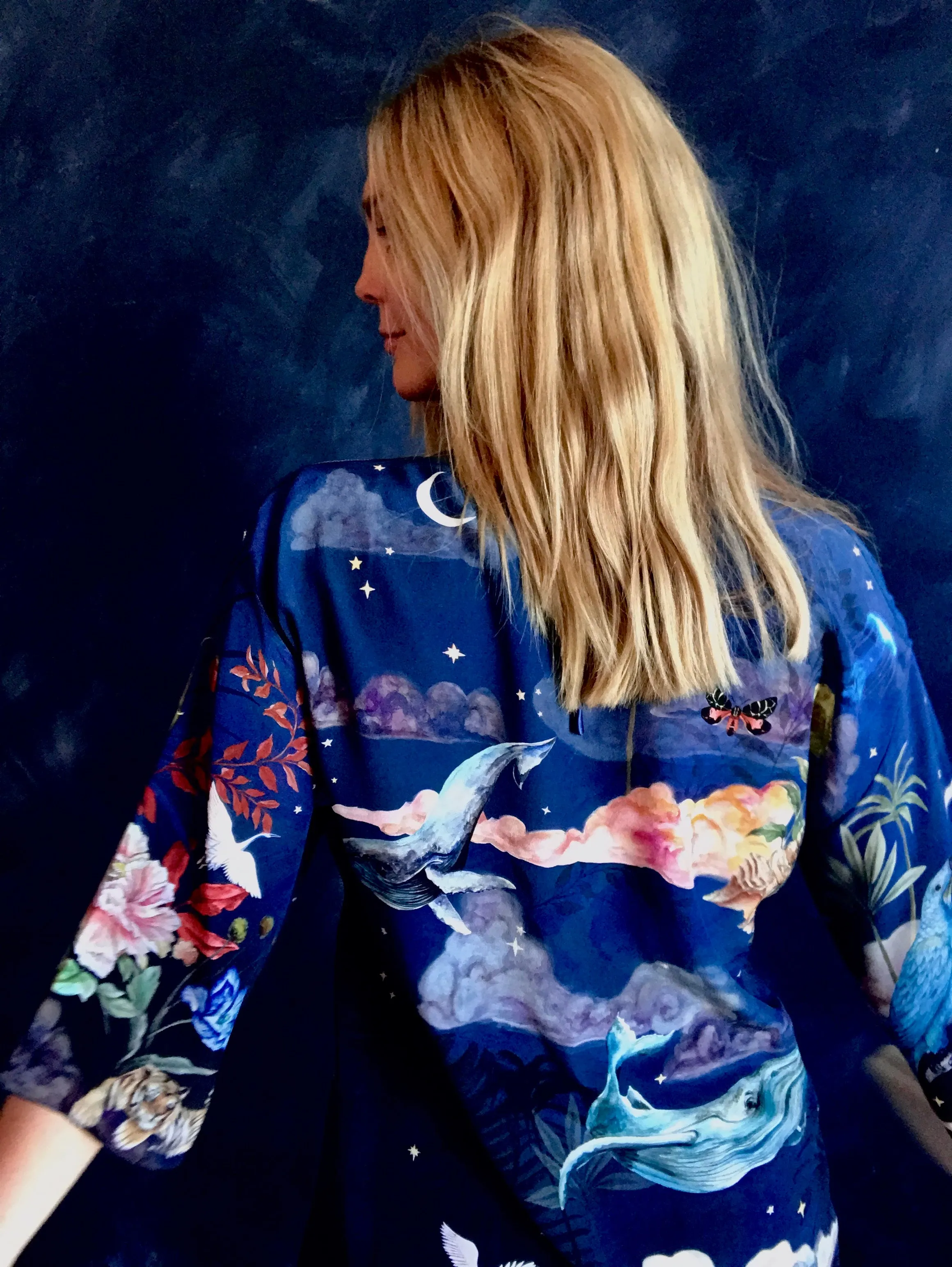 Silk Kimono Jacket in blue ‘Wonderous’ print for luxury lounging or evening wear