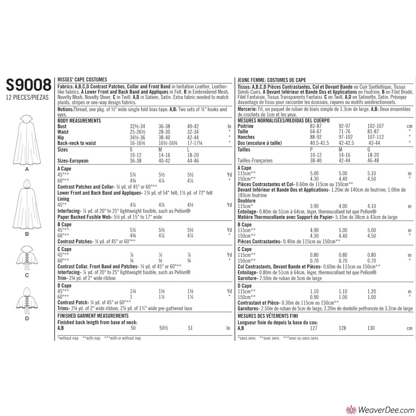 Simplicity Pattern S9008 Misses' Cape with Tie Costumes